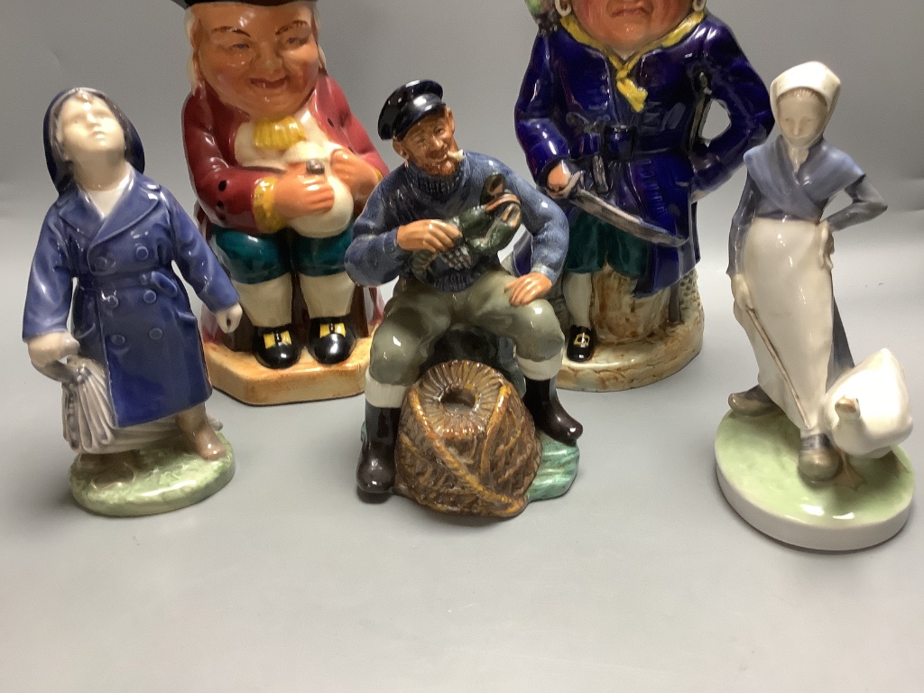 Two Royal Copenhagen figures, two character jugs, Royal Doulton, etc.